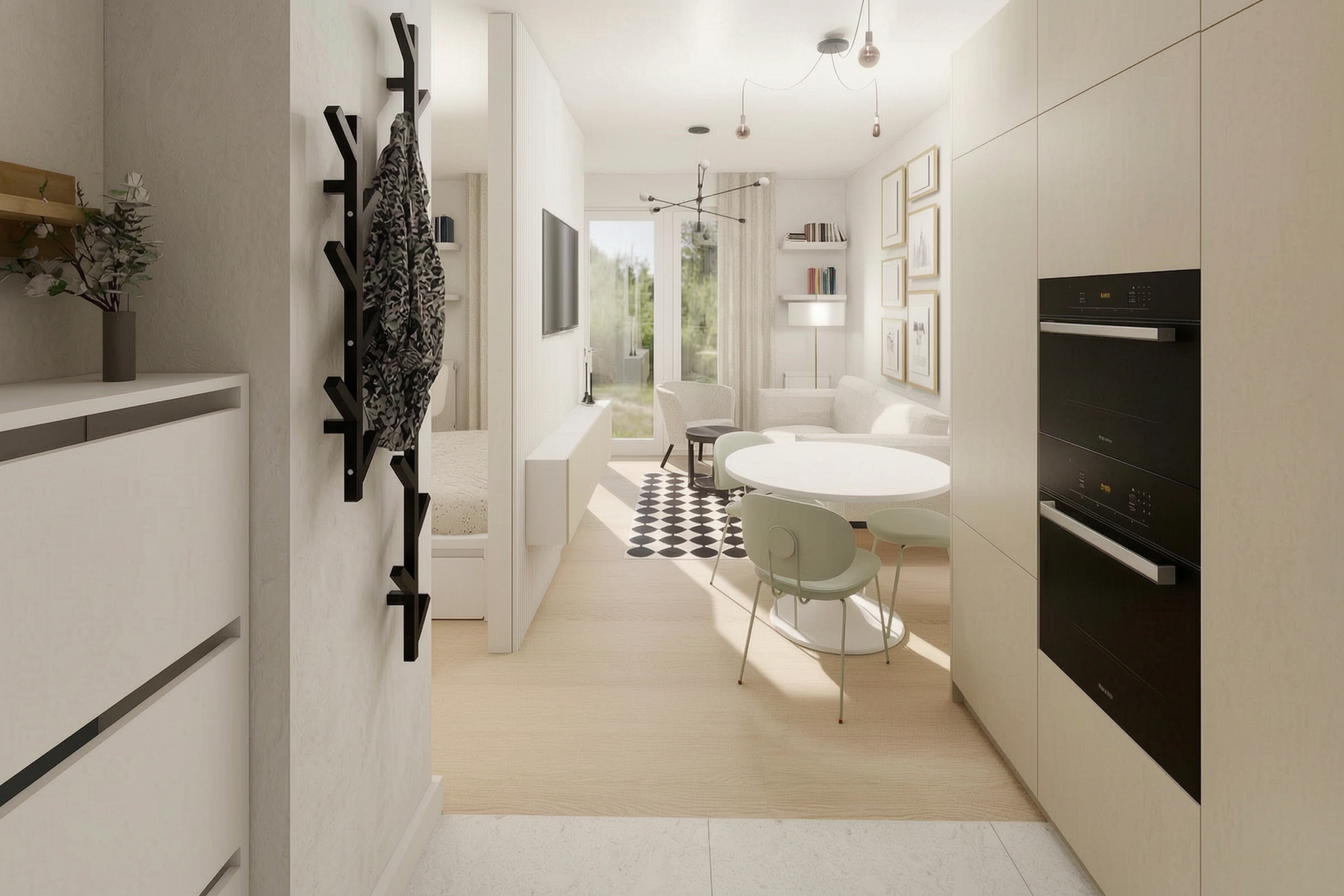 Apartment corridor leading to the dining and living area