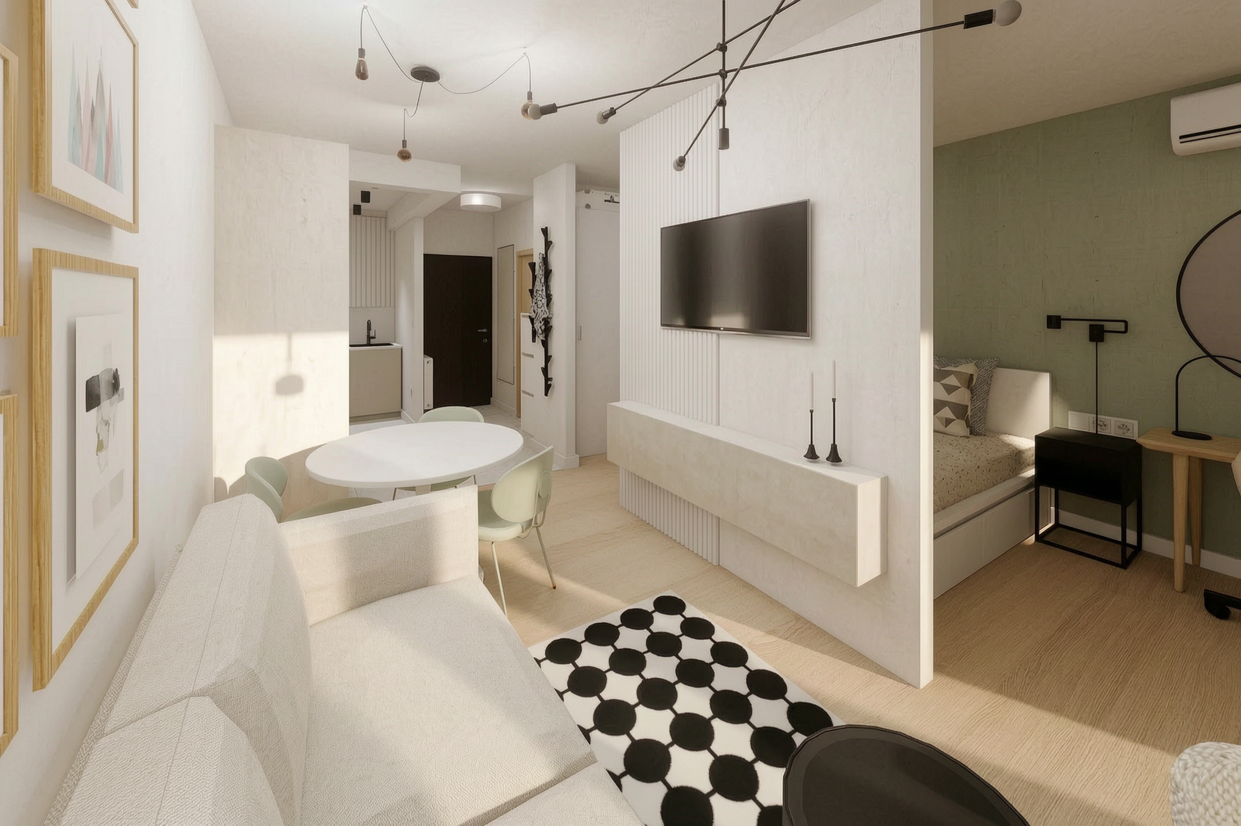 Open living and dining view with wall-mounted television and round table
