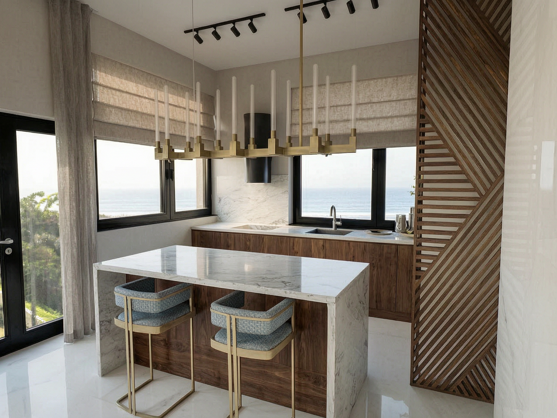 High-end kitchen island with bar seating and city windows