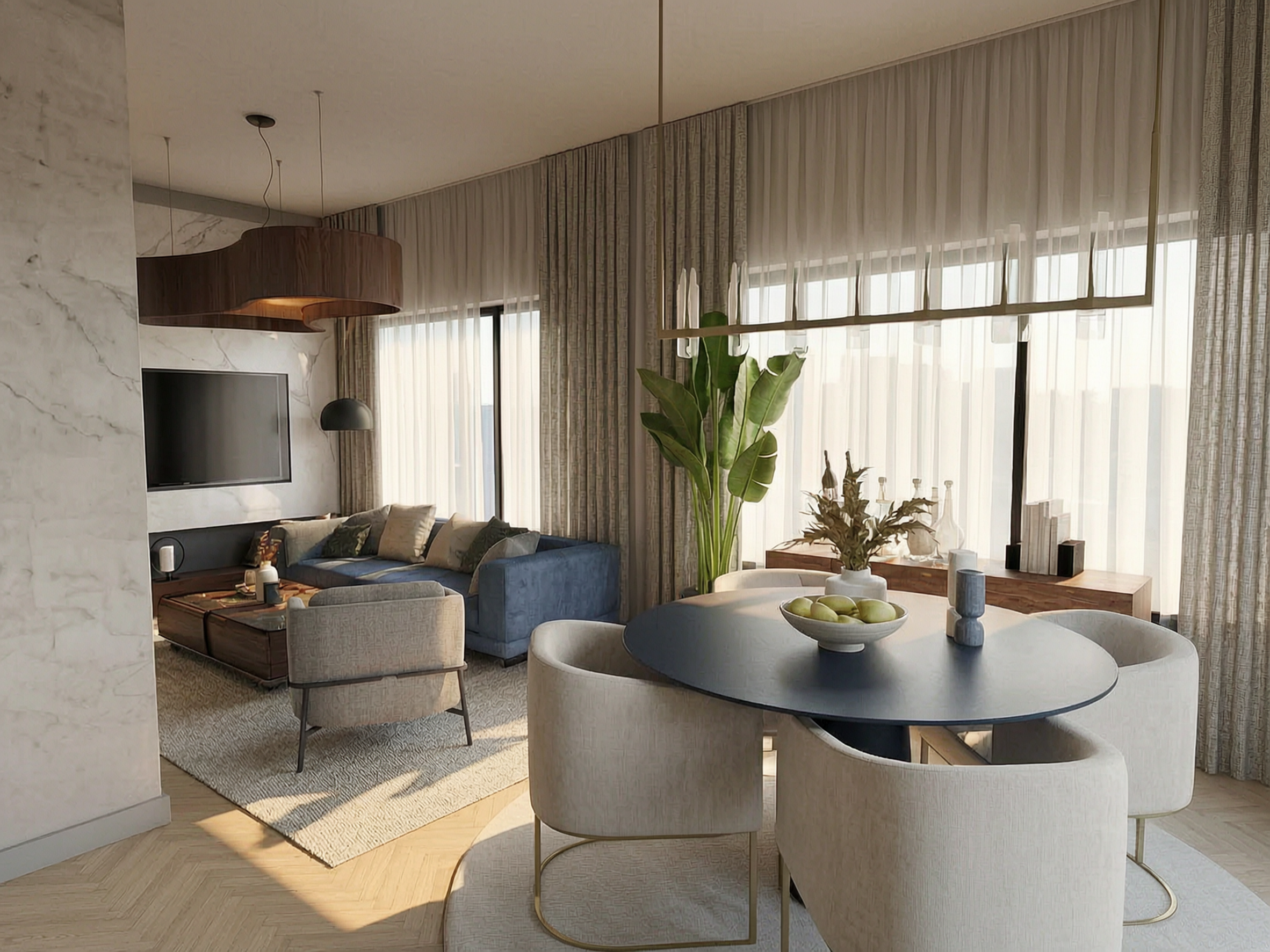 Dining area with round table, sculptural ceiling and living room beyond