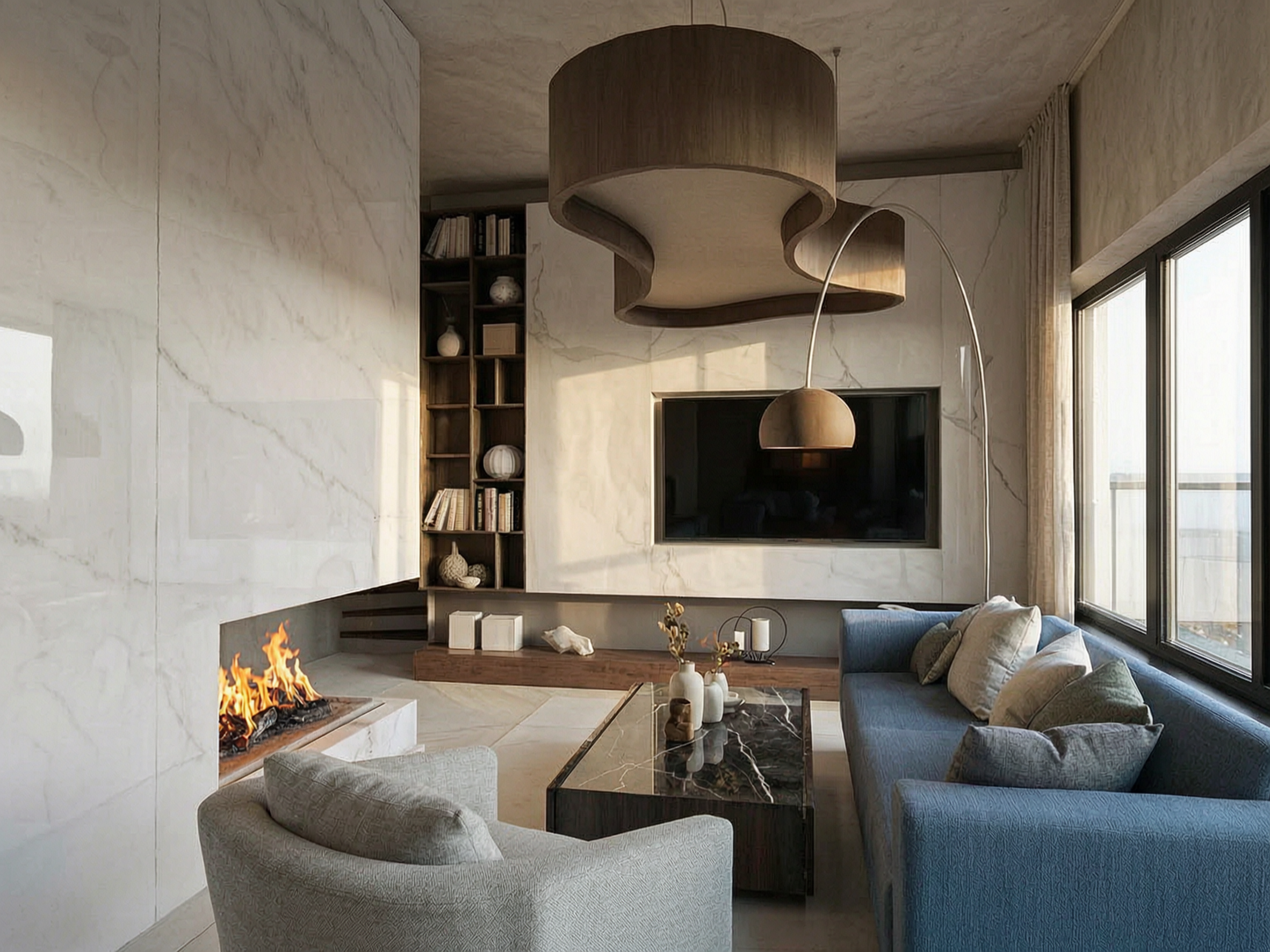 Living area with television wall, fireplace and curved seating