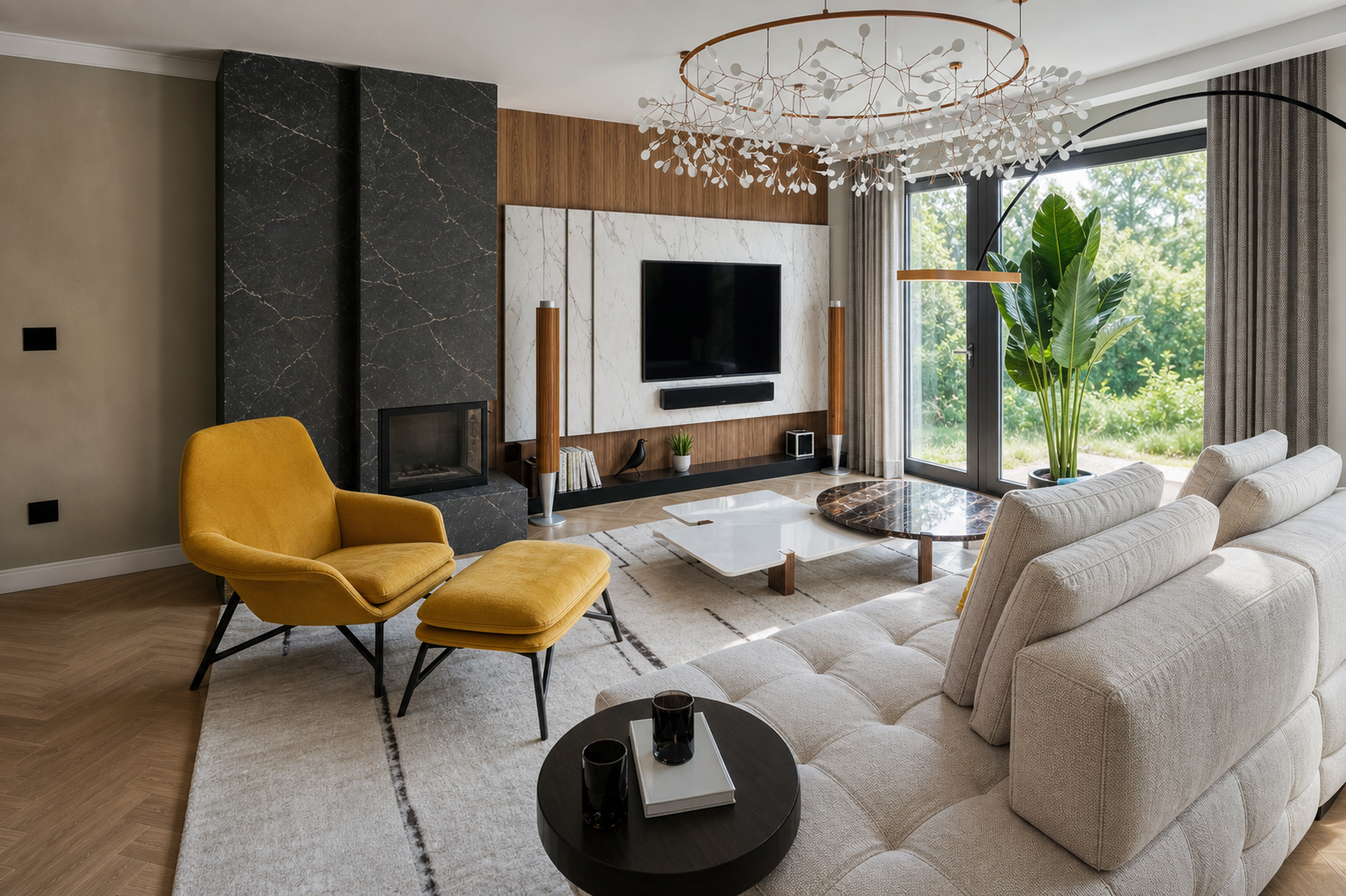 Luxurious family home living room with yellow lounge chair and dining area