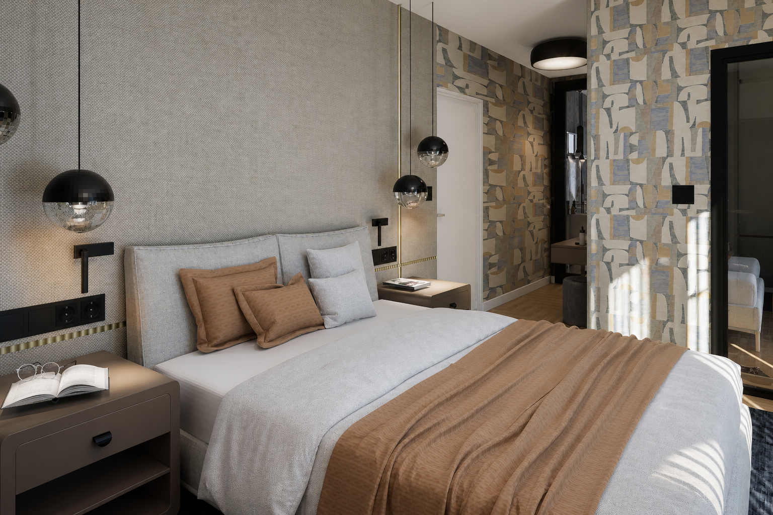 Master bedroom with textured walls, warm bedding and pendant lights