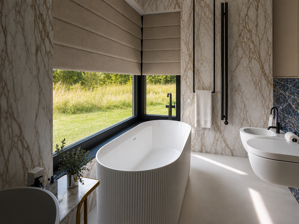 Bathroom with freestanding tub, stone wall and wide window