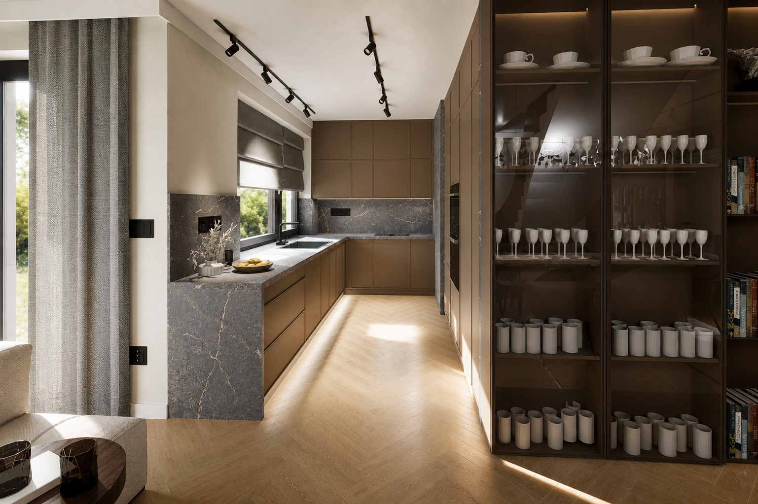 Warm kitchen with open shelving, pale floor and dark worktop